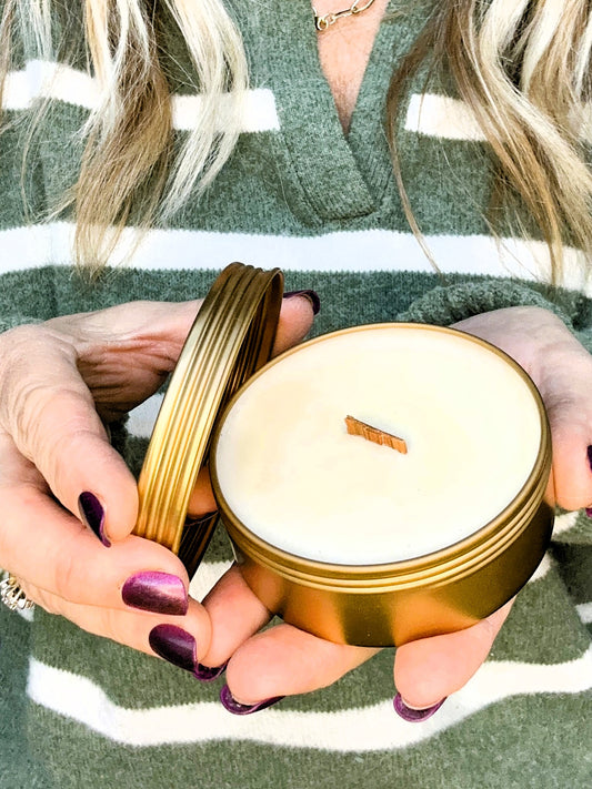 Gold Travel Tin Soy Candle – 3.5 oz with Crackling Wood Wick