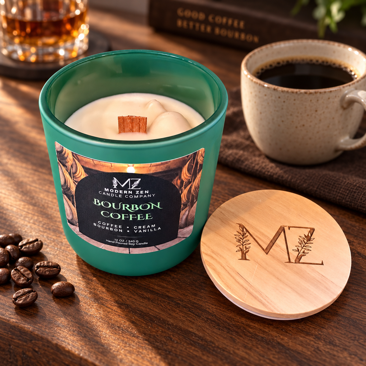 Bourbon Coffee 12 oz soy candle in a matte green glass jar with a crackling wood wick and engraved wood lid