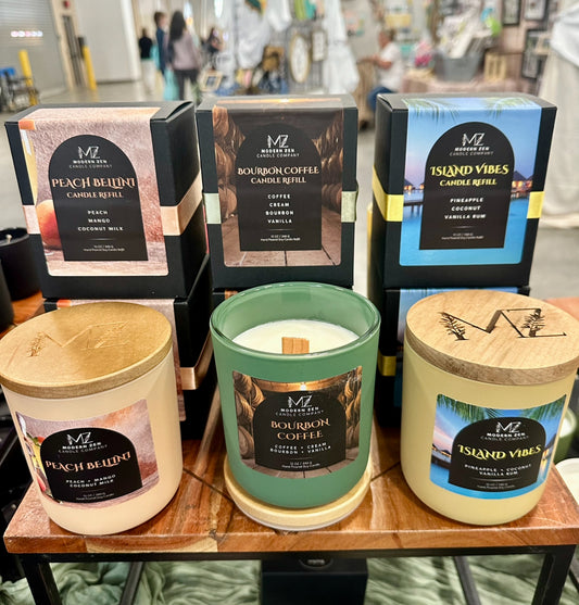 Modern Zen Luxe Candle refill, 3 enticing scent options: Bourbon Coffee, Island Vibes, Peach Bellini.