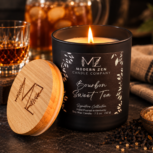 Lit Bourbon Sweet Tea soy candle with laser-etched wood lid