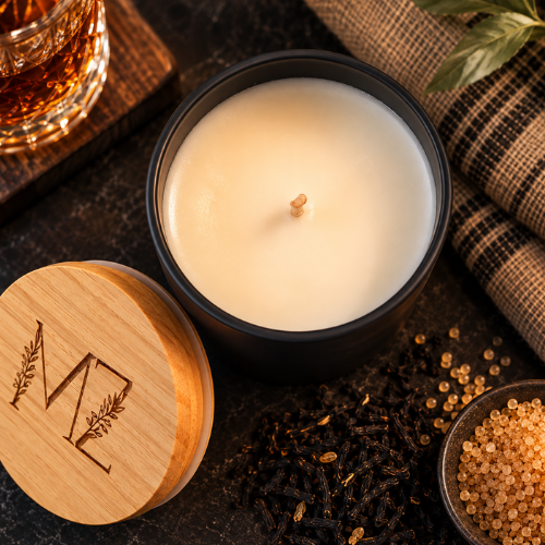 Bourbon Sweet Tea soy candle with cotton wick and etched wood lid