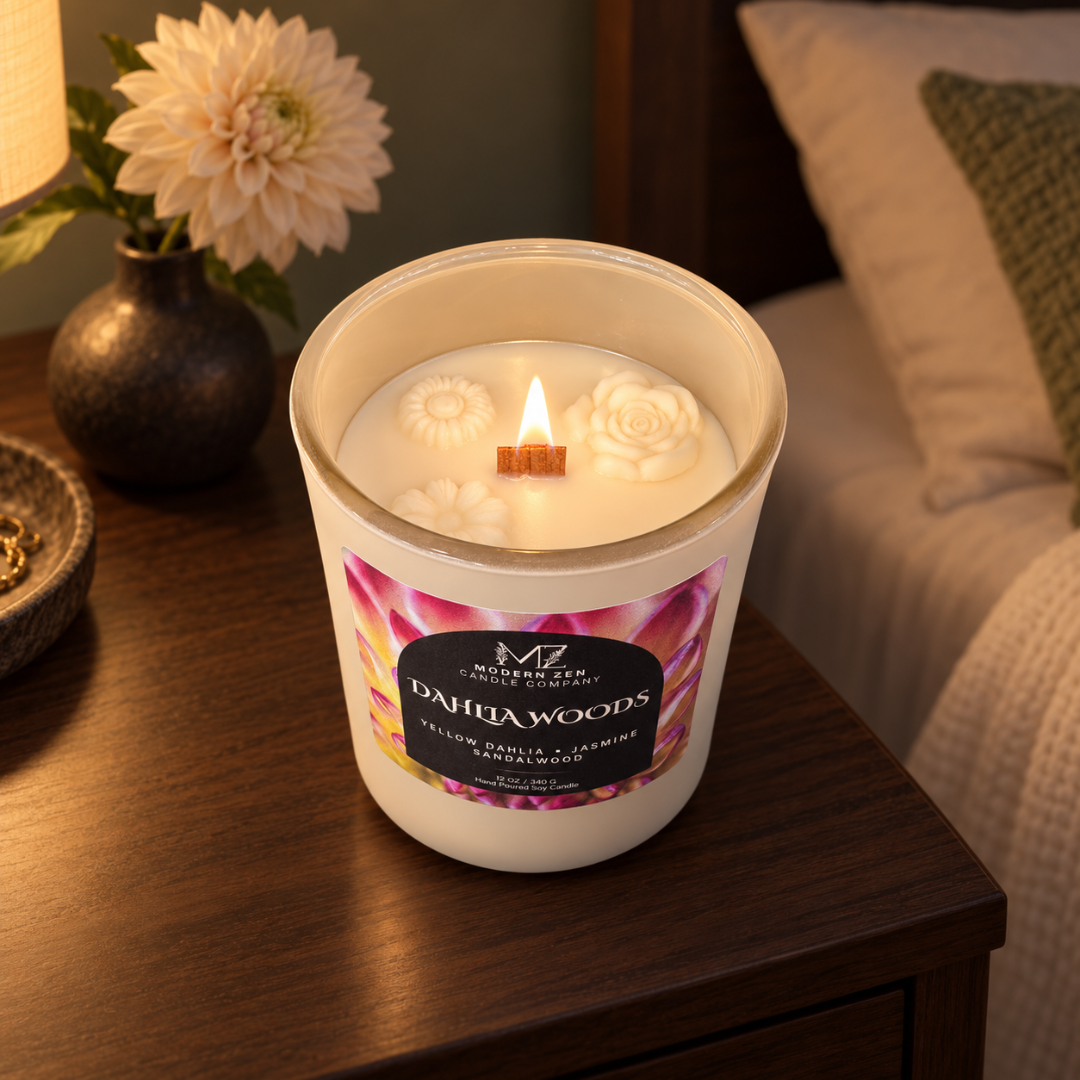 Dahlia Woods Soy Candle with Crackling Wood Wick