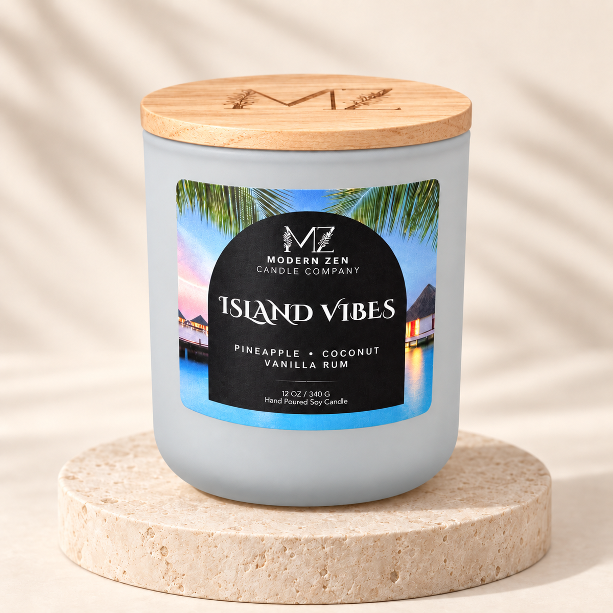 Island Vibes 12 oz pineapple coconut soy candle in a matte sky-blue jar with a wood lid