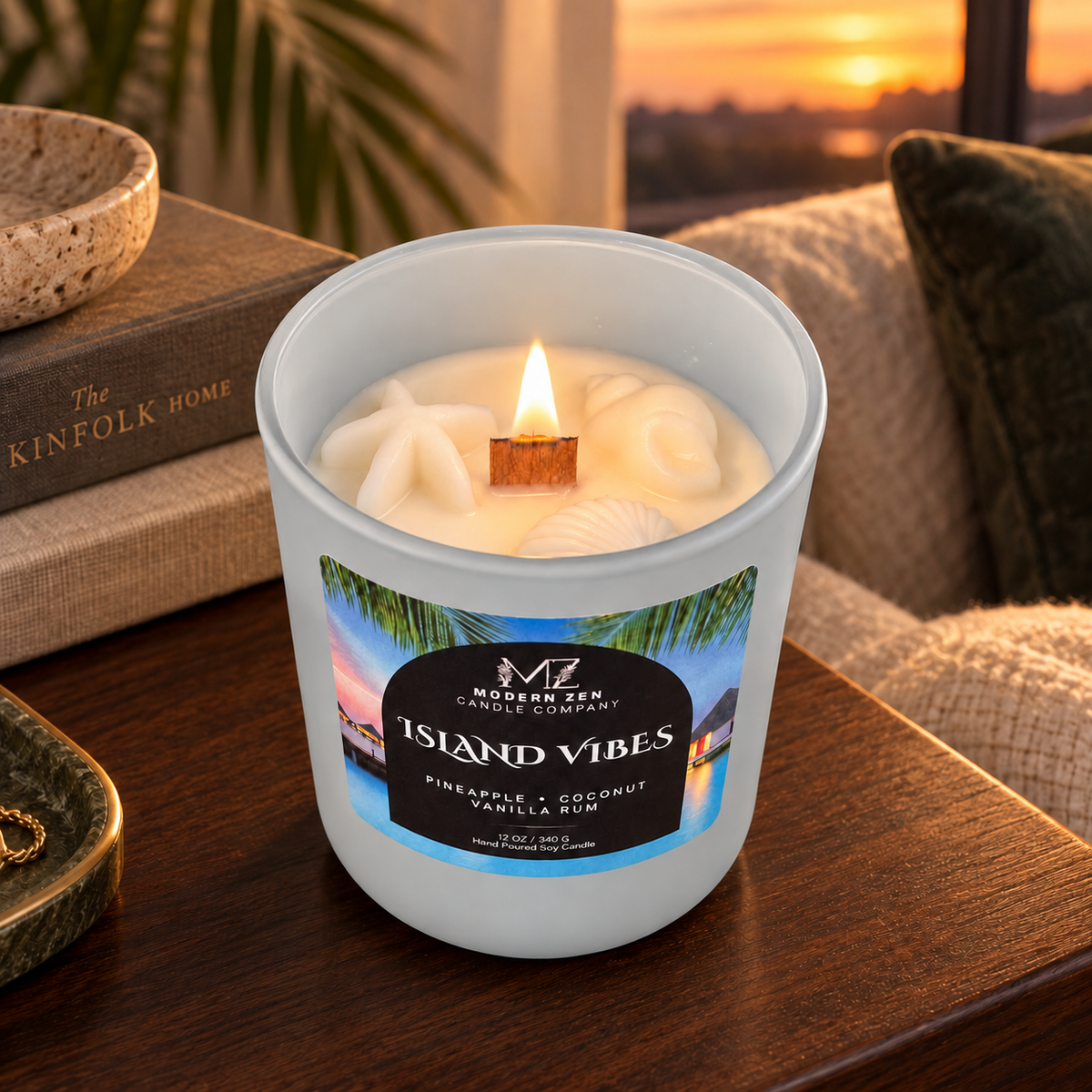 Island Vibes 12 oz pineapple coconut soy candle in a matte sky-blue jar with a wood lid